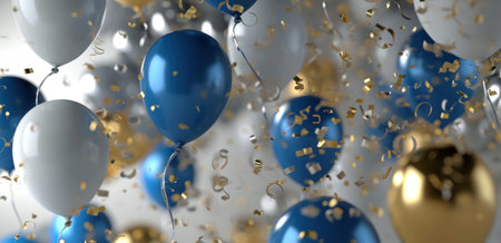 blue and white balloons are flying over an empty space.の素材