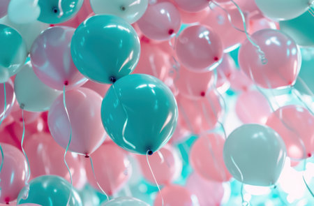 many balloons hanging in a pink room.の素材