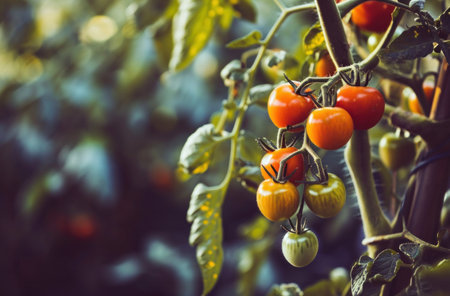 fresh homegrown tomatoes on a tree in the garden.の素材