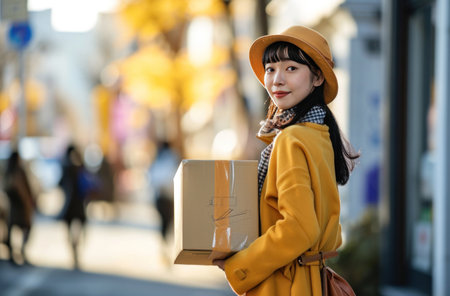 girl is holding delivery box in the street.の素材