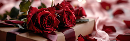 red roses and a gift around a box.の素材