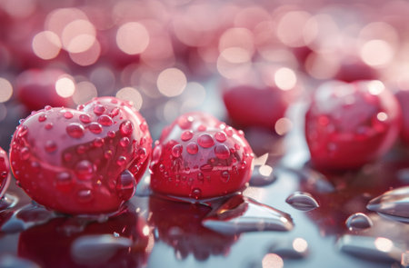red hearts are placed on a table top with water drops.の素材