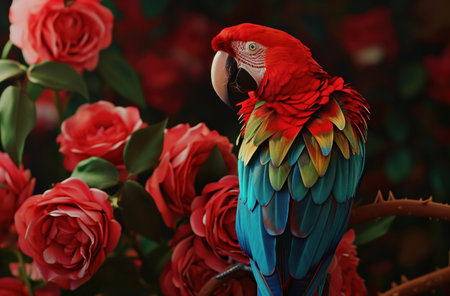 red roses and a colorful parrot.の素材