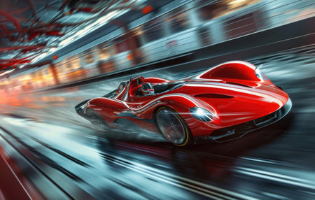 in a ealier art illustration a red racing car moves at high speed in motion.の素材