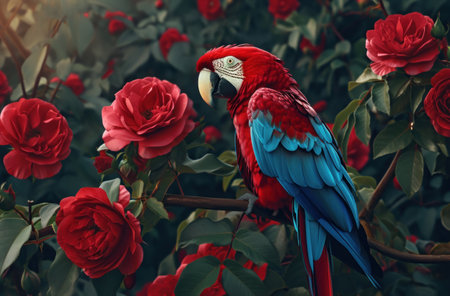 red roses and a colorful parrot.の素材