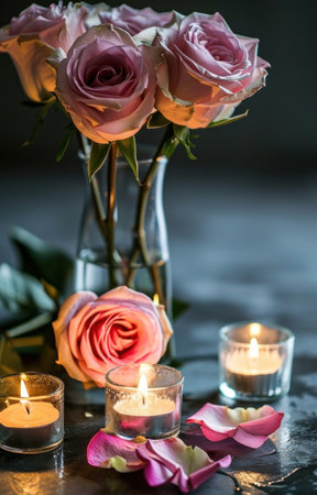pink roses and candles with candles.の素材
