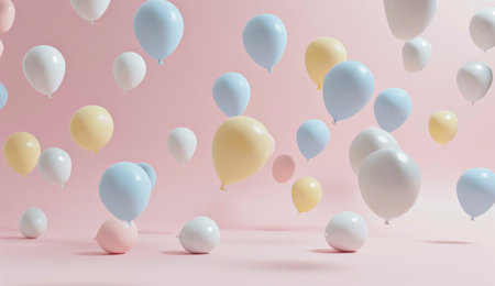 pink, blue, yellow, and white balloons floating on a pink background.の素材