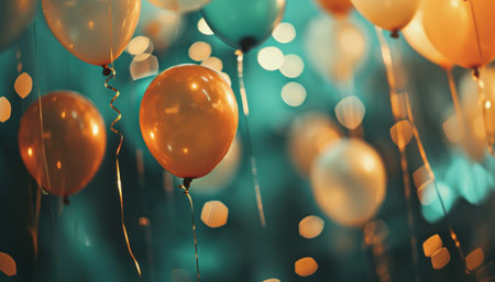 several colorful balloons are hanging in space.の素材