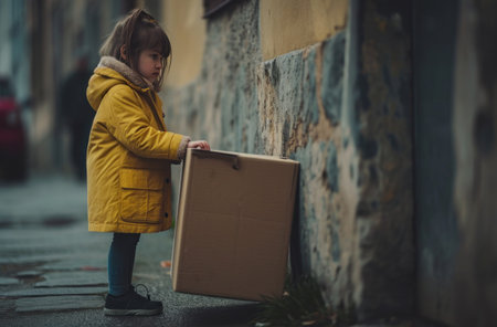 little girl standing next to a brown cardboard box.の素材