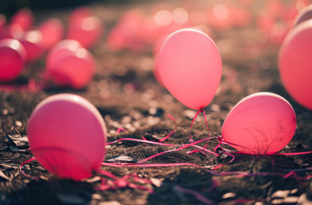 the different pink balloons are floating on the ground.の素材