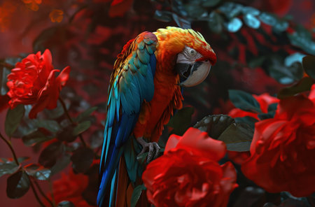 red roses and a colorful parrot.の素材