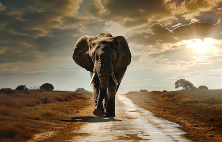 small elephant walking down dirt road with clouds behind it.の素材
