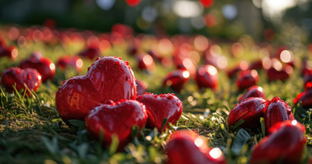 large group of red hearts on the lawn, light pink and red.の素材