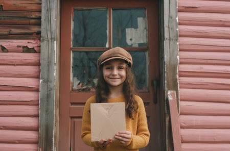 smiling young girl holding an envelope outside her home.の素材