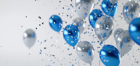 blue and silver balloons falling off a white background.の素材
