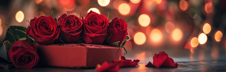 a heart shaped box with red roses and a bag around it.の素材