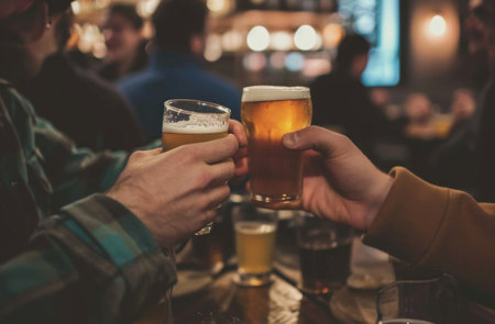 men drinking beer together in a pub.の素材