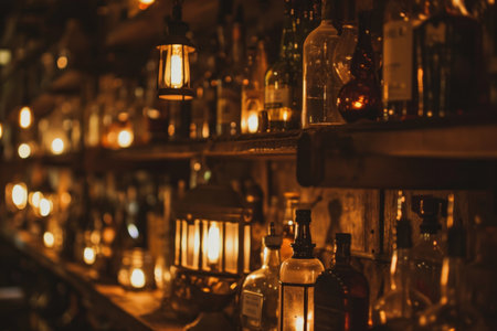 many bottles and lanterns are on the shelves.の素材