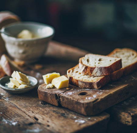 free bread and butter on a wooden board.の素材