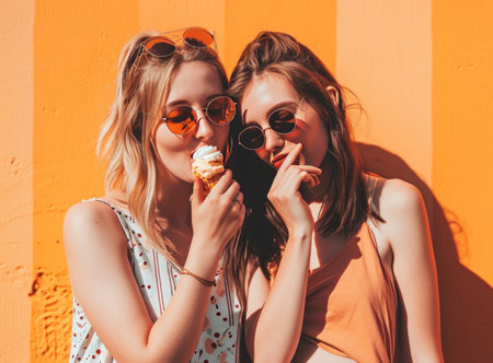ladies are together eating frozen yogurt.の素材