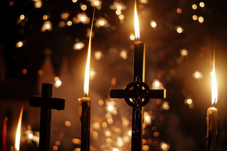Candles burning in a church during a religious ceremony. Selective focus.の素材