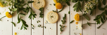 cookies, flowers, herbs and leaves over white wooden background.の素材
