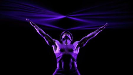 dancing purple acrobat in light space with hands wide open.の素材
