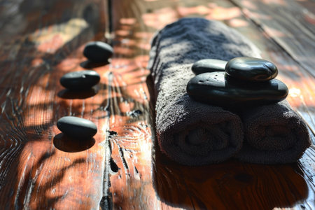 three wooden towels and black stones on a wooden table.の素材