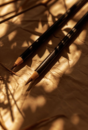 Pencils on a brown sheet of paper with a shadow.の素材