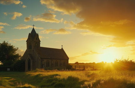 the sun is setting over a country church.の素材