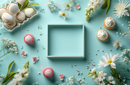 a blank frame with spring flowers and desserts on a blue background.の素材