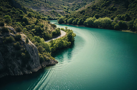 the water of a river with birds swimming in it.の素材
