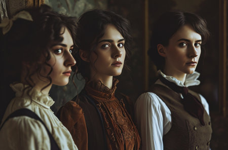 three women and men standing next to each other,.の素材