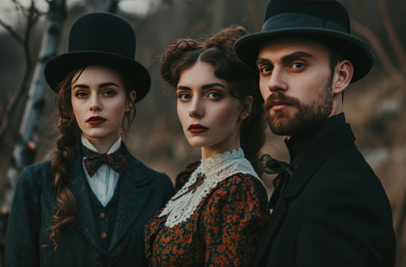 three women and men standing next to each other,.の素材