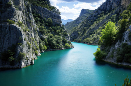 the water of a river with birds swimming in it..の素材