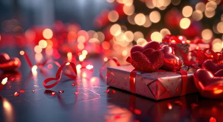 Valentine gift and hearts on a table.の素材