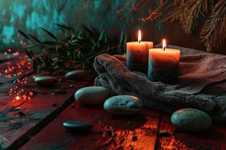two candles near stones and a towel on red wooden background.の素材