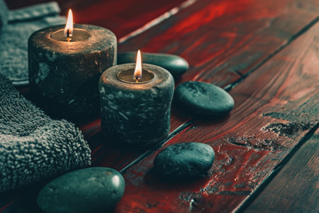 two candles near stones and a towel on red wooden background.の素材