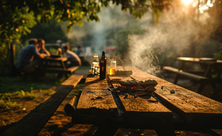 a barbecue table with smoke outdoors with people watching in the background.の素材