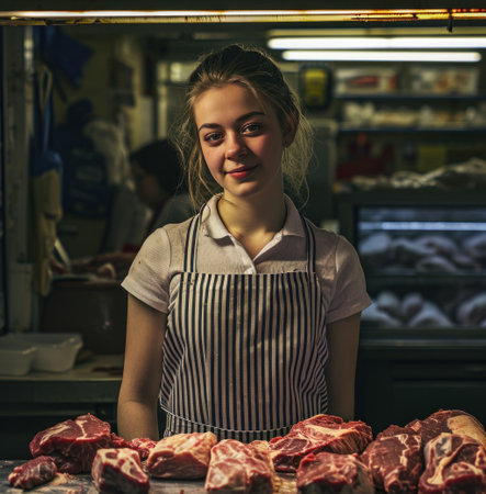 young woman standing behind meat in the butcher shop.の素材