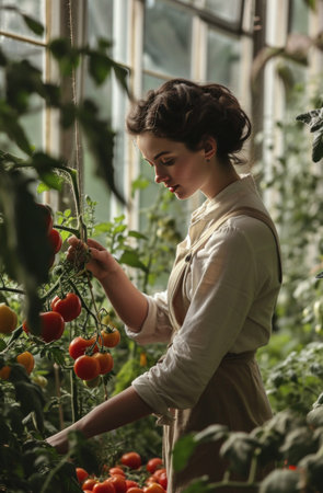 woman harvesting tomatoes in a greenhouse.の素材