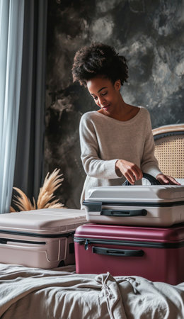 young woman putting suitcases on the bed.の素材