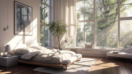 modern bedroom with windows.の素材