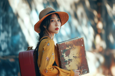 young Asian girl holding a suitcase and book.の素材