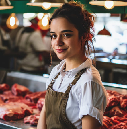 young woman standing behind meat in the butcher shop.の素材