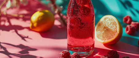 a bottle of raspberry and lemon drinks on a pink background.の素材