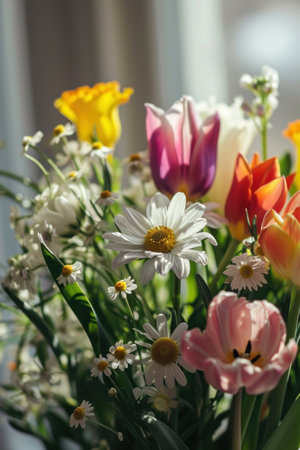 A close-up shot of a bouquet of fresh spring flowers including tulip.の素材