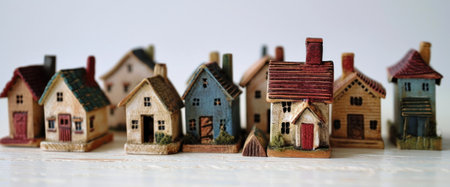 a bunch of wooden house in a row and some are decorated.の素材