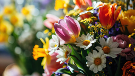A close-up shot of a bouquet of fresh spring flowers including tulip.の素材