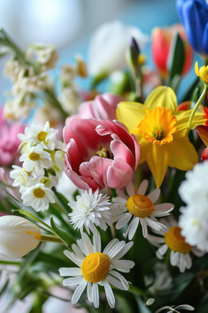 A close-up shot of a bouquet of fresh spring flowers including tulip.の素材